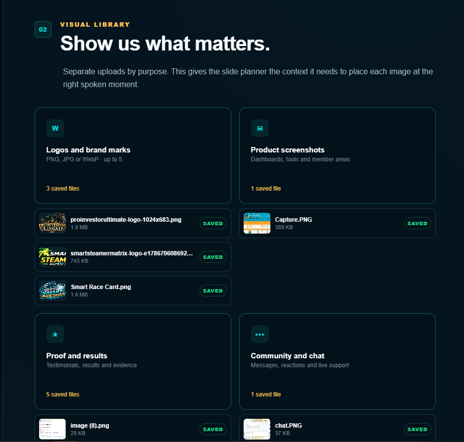 WebinarAce visual library showing uploaded logos, product screens, proof and community images