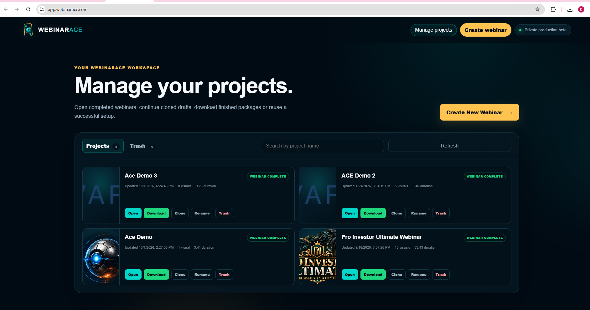 WebinarAce project manager showing completed webinar projects